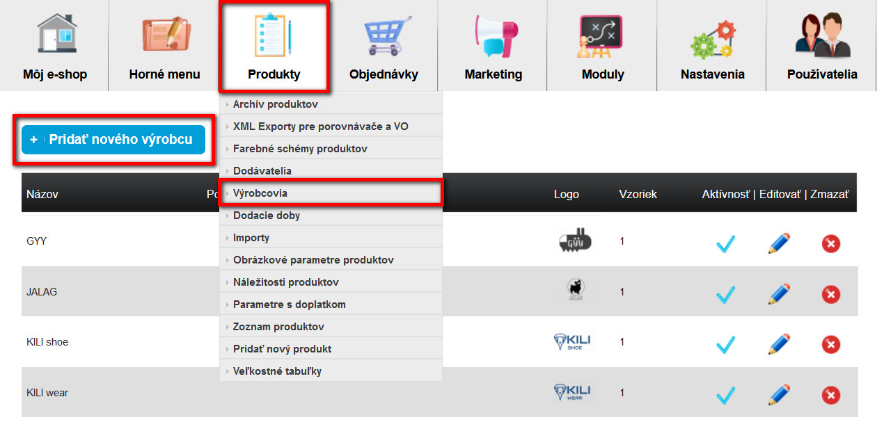 pridanie nového výrobcu v e-shope