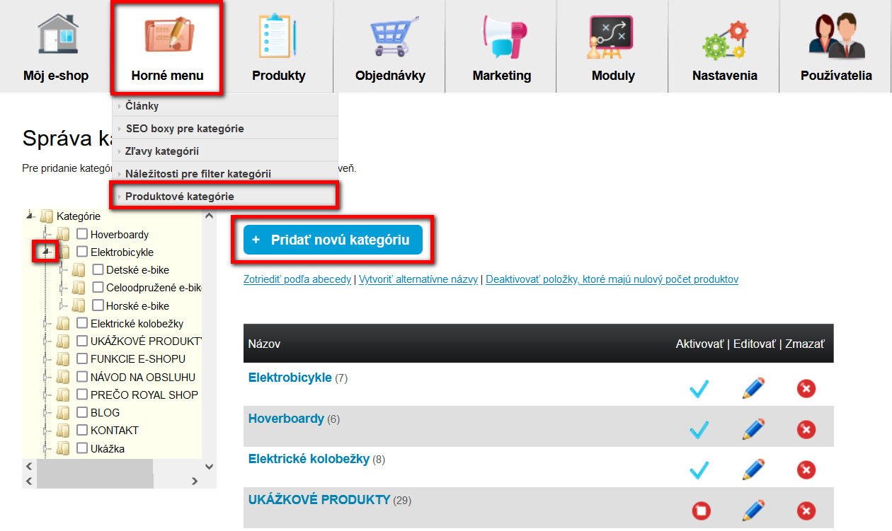 Pridanie kategórie v eshope