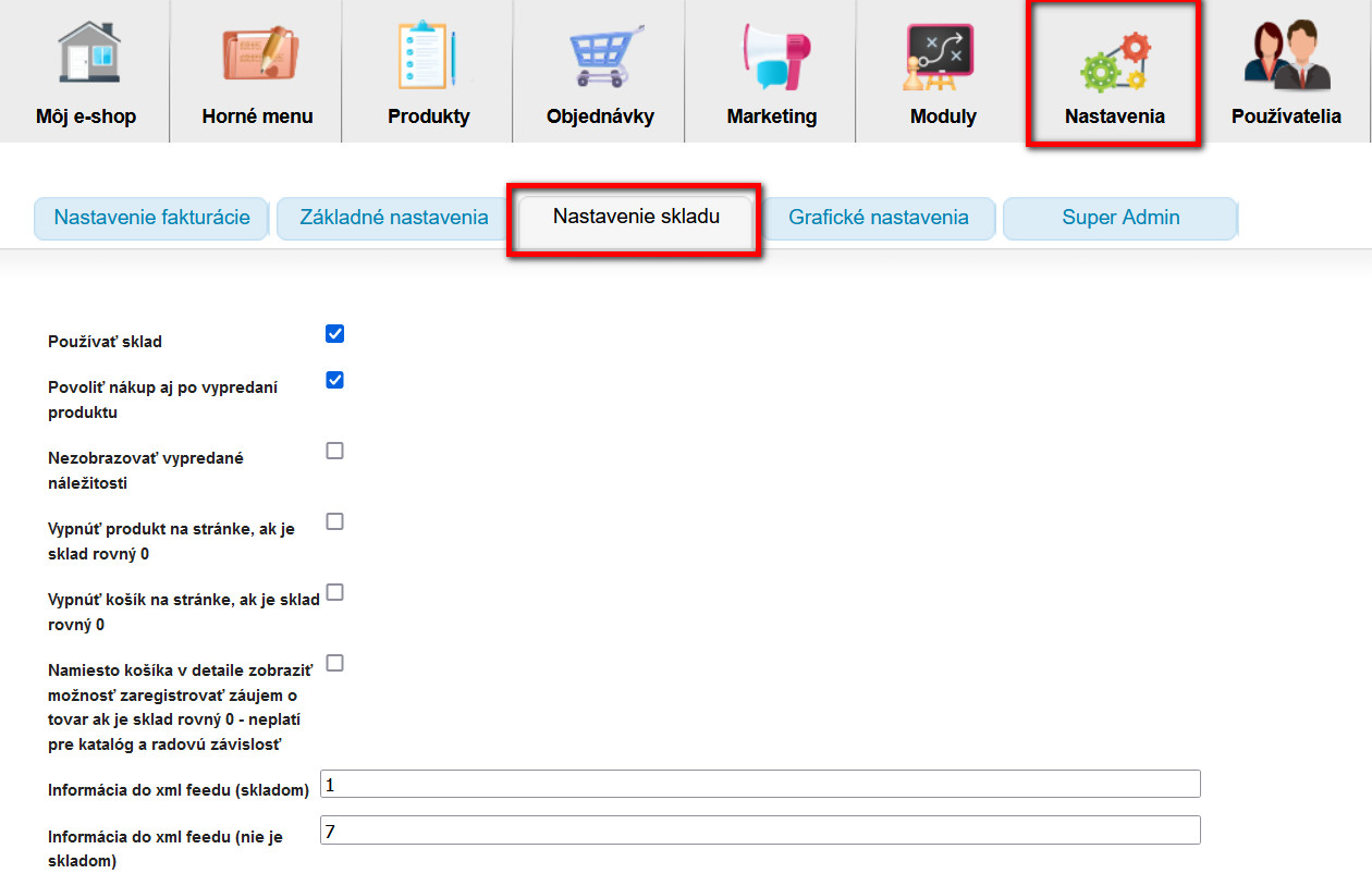 Nastavenie skladu eshopu